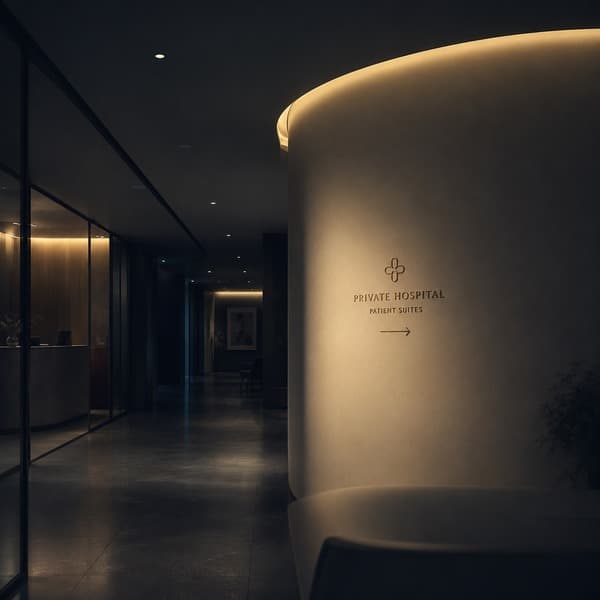 A quiet, softly lit modern private hospital corridor