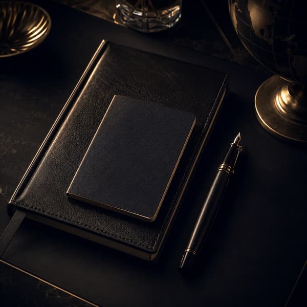 A leather notebook, fountain pen and passport on a dark desk