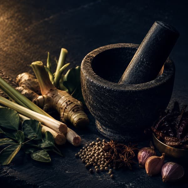 A stone mortar and pestle with fresh Thai herbs