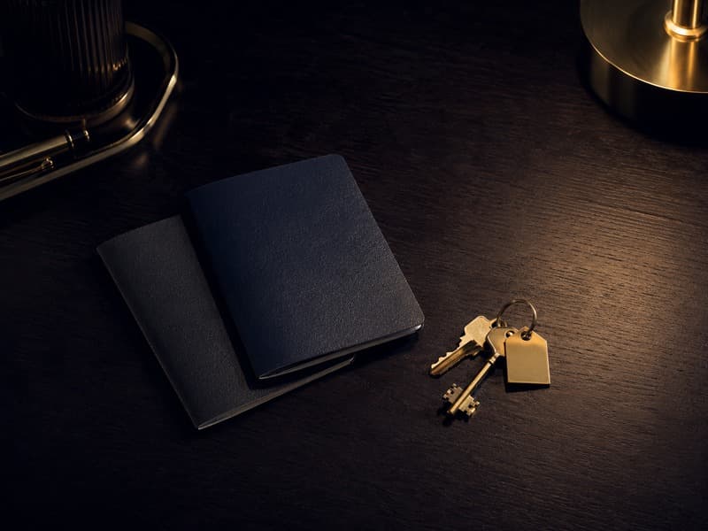 Two passports and a set of keys arranged on a dark wooden desk