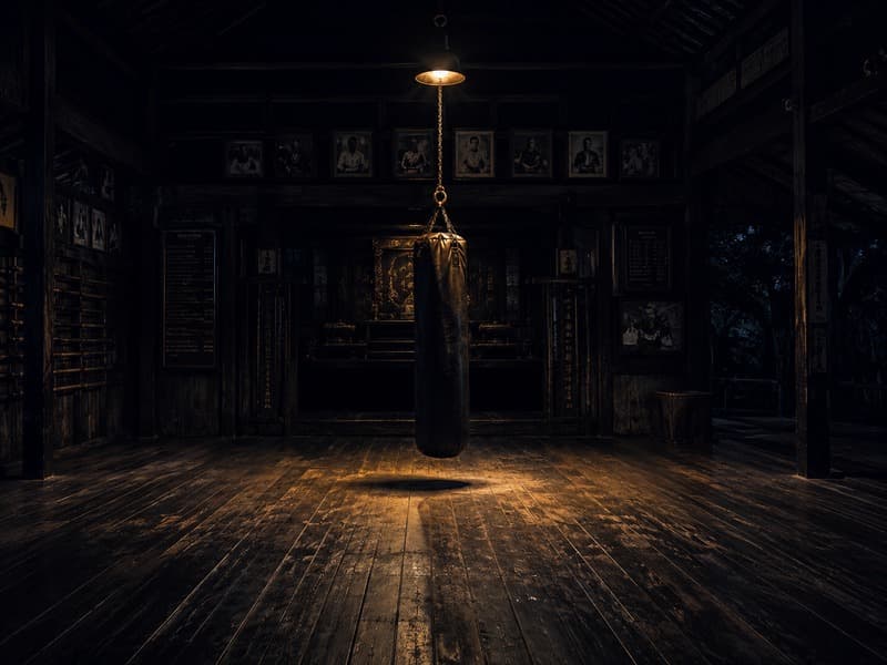 A traditional Thai training hall lit by a single overhead lamp