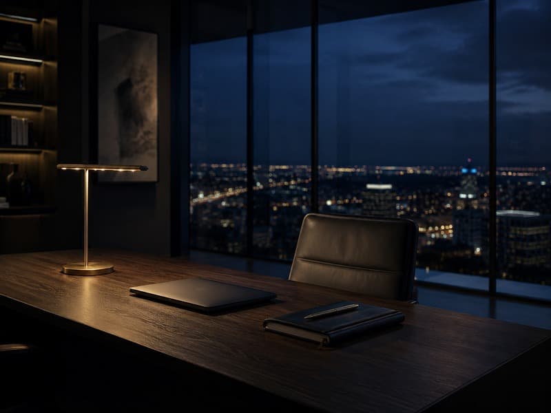 A desk and laptop beside a window overlooking a city at night